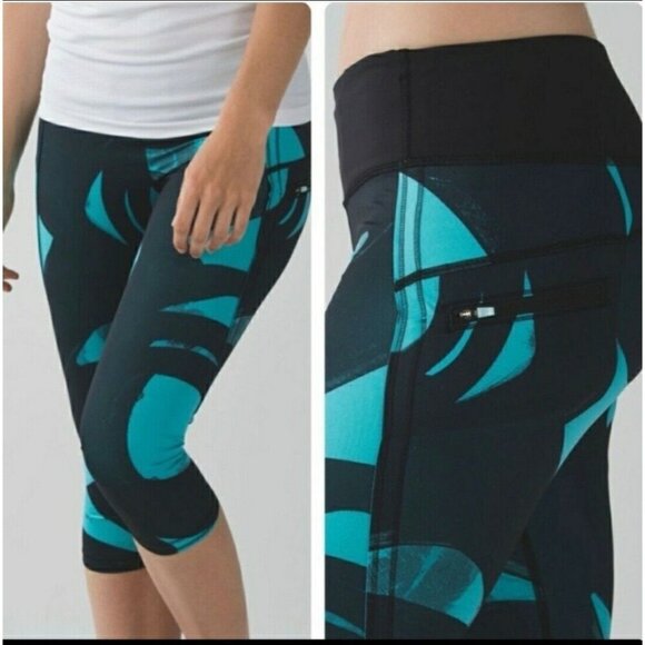 Lululemon Women's Run top Speed Cropped Leggings Size 4 Black & Turquoise - Picture 1 of 5